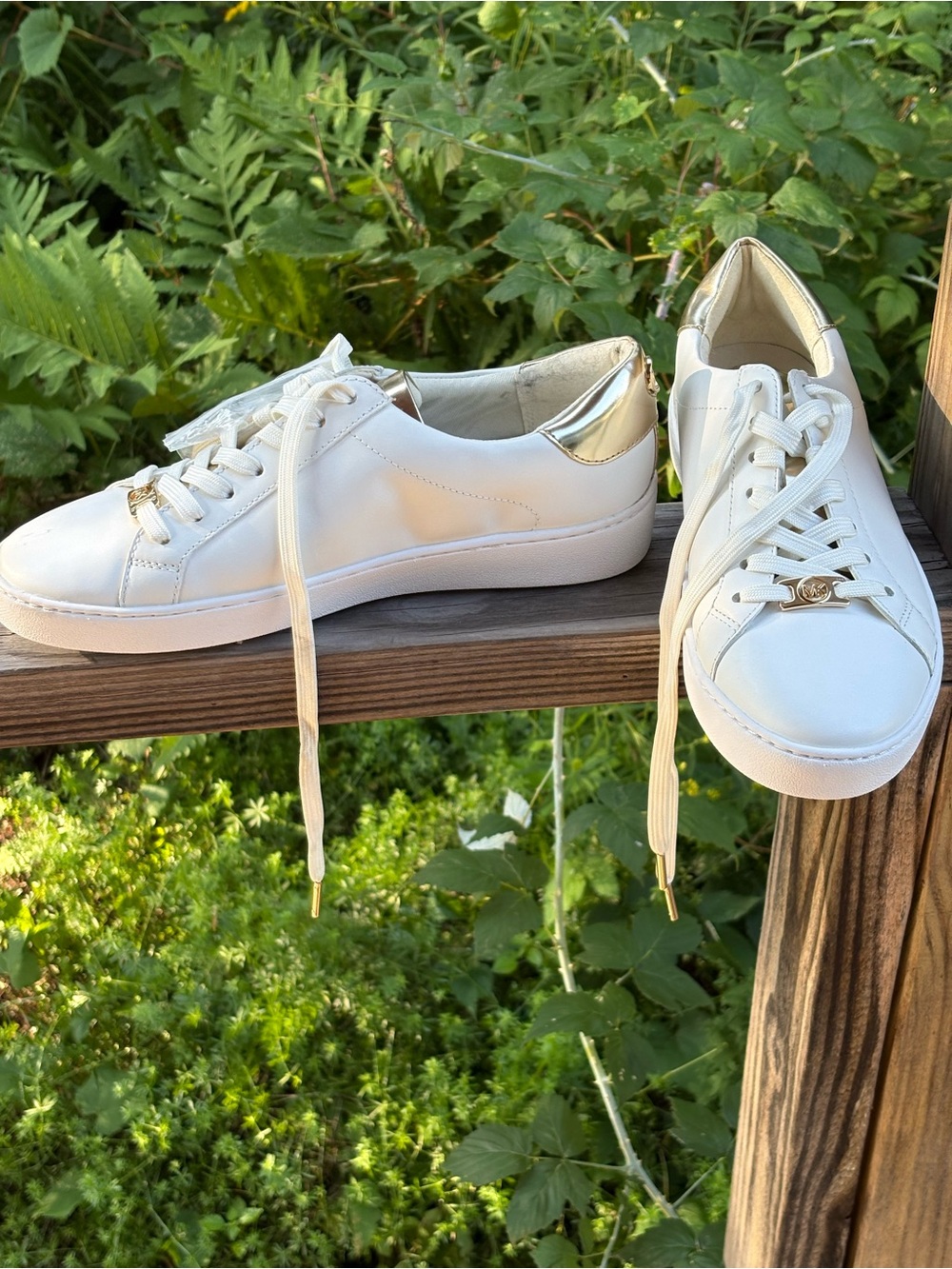 Michael Kors White Leather Sneakers with Gold Heel Accent